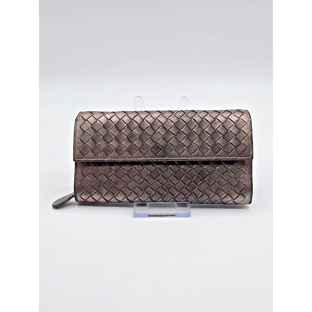 Bottega Veneta Intrecciato Metallic Silver Leather Zip Around Wallet Italy Auth